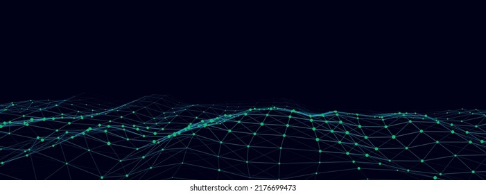 Abstract technology wave of particles. Big data visualization. Vector dark background with motion dots and lines. Artificial intelligence.