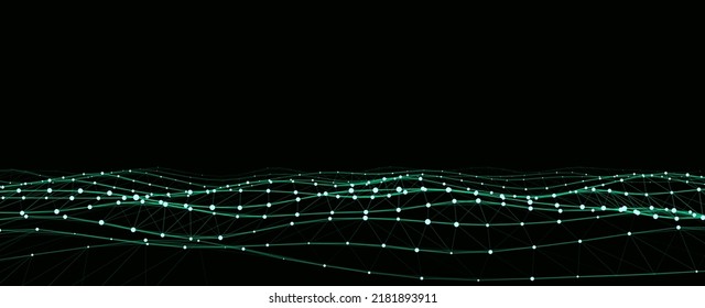 Resumen de la ola tecnológica de partículas. Gran visualización de datos. Fondo oscuro vectorial con puntos de movimiento y líneas. Inteligencia artificial.