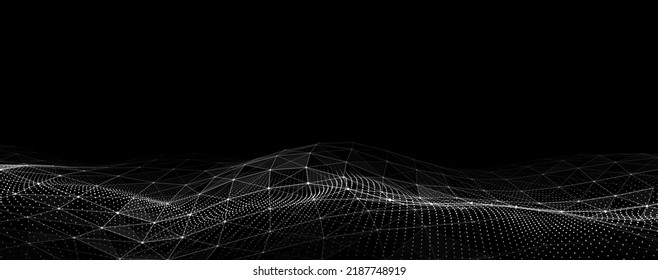 Abstract technology wave of particles. Big data visualization. Vector dark background with motion dots and lines. Artificial intelligence.