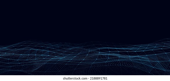 Abstract technology wave of particles. Big data visualization. Vector dark background with motion dots and lines. Artificial intelligence.