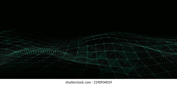 Abstract technology wave of particles. Big data visualization. Vector dark background with motion dots and lines. Artificial intelligence.