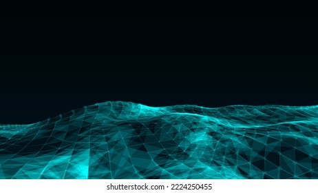 Abstract technology wave of particles. Big data visualization. Vector dark background with motion dots and lines. Artificial intelligence.