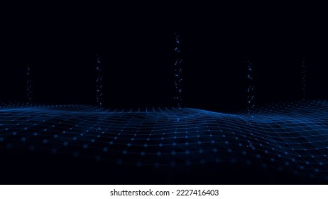 Resumen de la ola tecnológica de partículas. Gran visualización de datos. Fondo oscuro vectorial con puntos de salida volando. Inteligencia artificial.