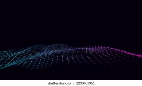 Abstract technology wave of particles. Big data visualization. Vector dark background with motion dots and lines. Artificial intelligence.