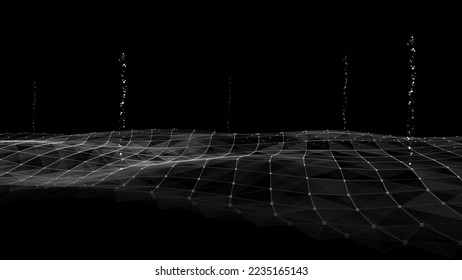 Abstract technology wave of particles. Big data visualization. Vector dark background with fly out dots. Artificial intelligence.