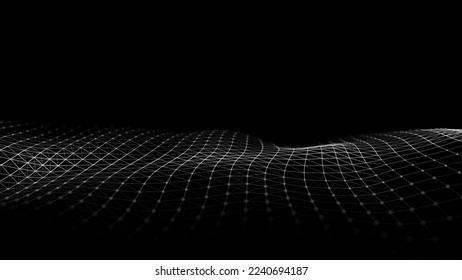 Abstract technology wave of particles. Big data visualization. Vector dark background with motion dots and lines. Artificial intelligence.