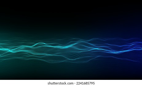 Abstract technology wave of particles. Big data visualization. Vector dark background with motion dots and lines. Artificial intelligence.