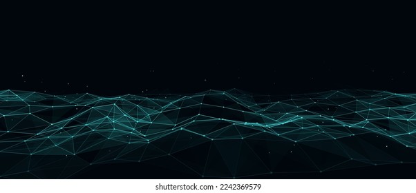 Abstract technology wave of particles. Big data visualization. Vector dark background with motion dots and lines. Artificial intelligence.