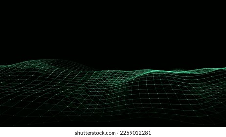 Abstract technology wave of particles. Big data visualization. Vector dark background with motion dots and lines. Artificial intelligence.