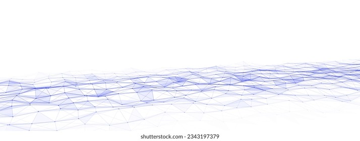 Abstrakte Technologie Welle von Teilchen. Visualisierung großer Daten. Vektordunkler Hintergrund mit Bewegungspunkten und Linien. Künstliche Intelligenz.