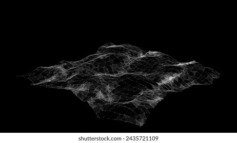 Abstract technology wave of particles. Big data visualization. Vector dark background with motion dots and lines. Artificial intelligence.