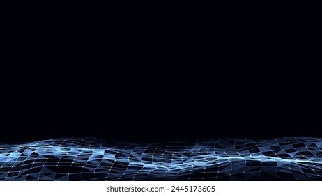 Abstract technology wave of particles. Big data visualization. Vector dark background with motion dots and lines. Artificial intelligence.