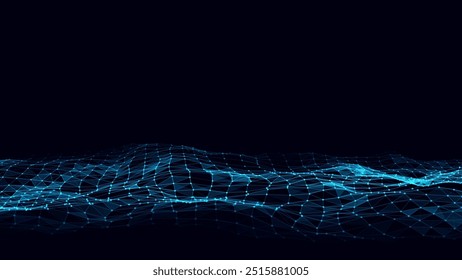 Tecnologia abstrata onda de partículas. Visualização de Big Data. Fundo escuro vetorial com pontos e linhas de movimento. Inteligência artificial.