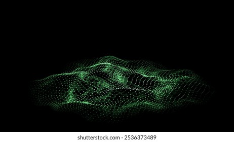 Abstract technology wave of particles. Big data visualization. Vector dark background with motion dots and lines. Artificial intelligence.