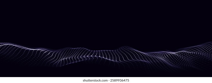 Abstract technology wave of particles. Big data visualization. Vector dark background with motion dots and lines. Artificial intelligence.