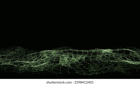 Abstract technology wave of particles. Big data visualization. Vector dark background with motion dots and lines. Artificial intelligence.