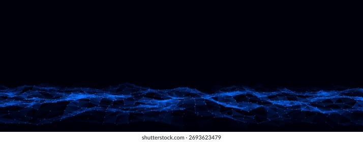 Abstract technology wave of particles. Big data visualization. Vector dark background with motion dots and lines. Artificial intelligence.