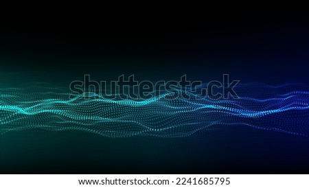 Abstract technology wave of particles. Big data visualization. Vector dark background with motion dots and lines. Artificial intelligence.