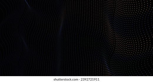 Abstract technology waving particles mesh background design. Abstract wave moving dots flow particles, hi-tech and big data digital background for brochures, flyers, business card vector dots waving 