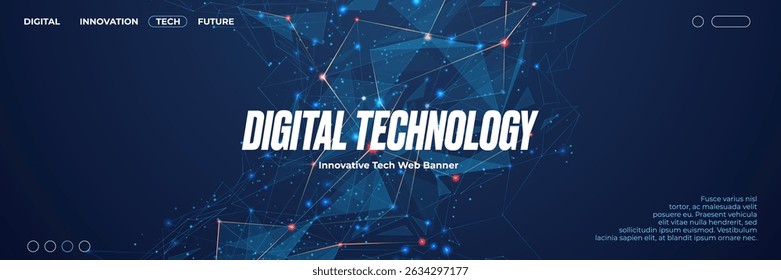 Abstract technology web banner design. Low poly digital plexus illustration with connected dots. Futuristic tech vector horizontal illustration suit for flyer, booklet, banner, brochure, and website. 