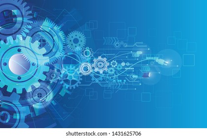 Abstract technology web banner with gear and dark blue background with circuits and wheel. Vector illustration.