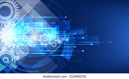 Abstract technology web banner with gear and dark blue background with circuits and wheel. Vector illustration.