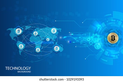 Abstract technology web banner with golden bitcoin and dark blue background with circuits and wheel. Vector illustration.