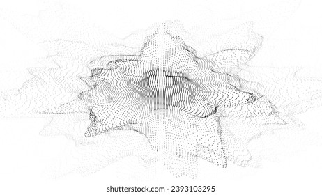 Resumen de tecnología ola blanca con puntos brillantes en movimiento. IA en realidad virtual sobre antecedentes digitales. Explosión de partículas. Textura del armazón de alambre. Análisis dinámico de datos de conexión de red.