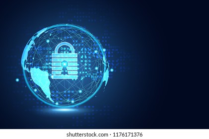 Abstract technology world cyber security privacy information network concept padlock protection digital network internet link on hi tech blue future background