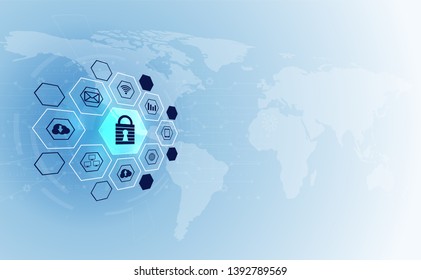 Abstract technology world cyber security privacy icon information network concept padlock protection digital network internet link on hi tech blue future background