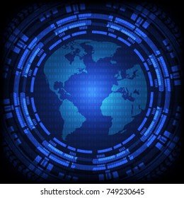 Abstract technology world globe map on binary code and gear blue background. Vector illustration cybercrime and cyber security concept.