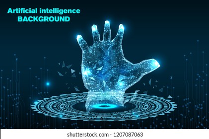 Abstract Technology.hand the future of Artificial intelligence.Low Poly wire frame technology.Futuristic concept.Cyber technology wire network futuristic wire frame.space .Vector illustration.