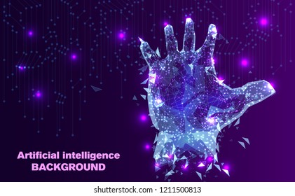 Abstract Technology.hand the future of Artificial intelligence.Low Poly wire frame technology.Futuristic concept.Cyber technology wire network futuristic wire frame.space.design.Vector illustration.