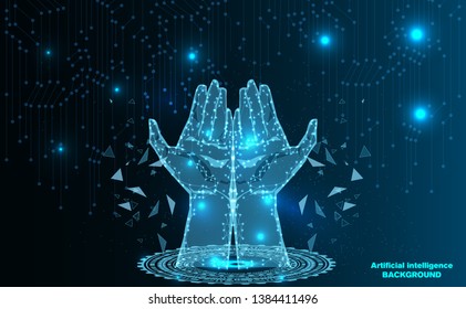 Abstract Technology.Hand human of Artificial intelligence.Low Poly wire frame technology.Futuristic concept.Cyber technology wire network futuristic wire frame.space .Vector.illustration