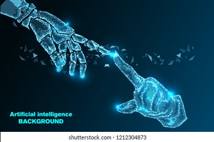 Abstract Technology.Robot arm and hand human of Artificial intelligence.Low Poly wire frame technology.Futuristic concept.Cyber technology wire network futuristic wire frame.space .Vector 