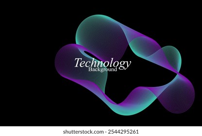 An abstract, technology-themed background featuring a dynamic, curved form created with intersecting lines in a gradient color palette of green and purple.