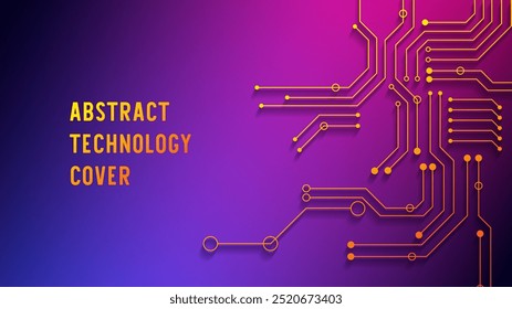 Fondo abstracto temático de tecnología con líneas de circuito naranja sobre un gradiente vibrante púrpura y rosa. El diseño proporciona una sensación moderna, elegante y futurista