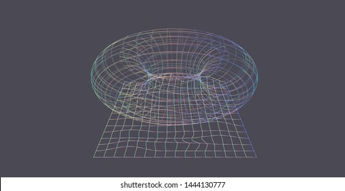 Abstract technologyvector background, conceptual image of Artificial Intelligence. Holographic wireframe of torus on grey backdrop. Cyberpunk/ vaporwave style illustration with glitch art elements.