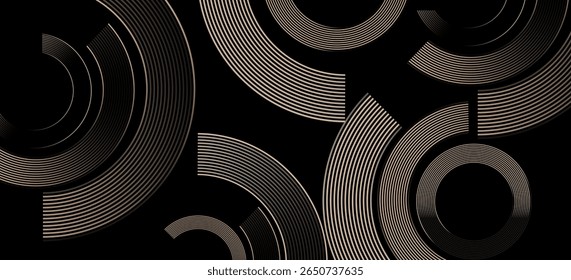 Fundo de estilo tecnológico abstrato com linhas semicirculares em camadas em bronze metálico em preto. Design futurista e dinâmico, perfeito para temas visuais digitais, modernos ou mínimos. Vetor EPS10. 
