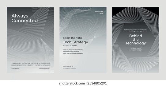 Abstract tech-themed design with lines and geometric shapes. Modern tech strategy and connectivity. Ideal for tech business and digital innovation. Advanced technology gray template vector set.