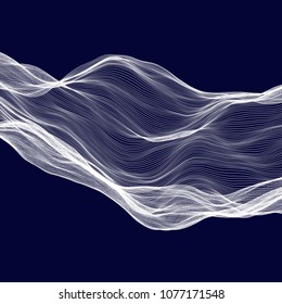 Abstract tecnology wave background. White threads on black or dark blue.