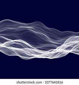 Abstract tecnology wave background. White threads on black or dark blue.