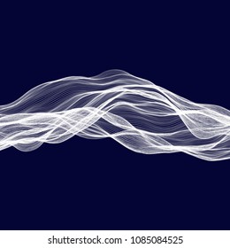 Abstract tecnology wave background. White threads on black or dark blue.