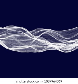 Abstract tecnology wave background. White threads on black or dark blue.