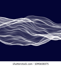 Abstract tecnology wave background. White threads on black or dark blue.