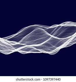 Abstract tecnology wave background. White threads on black or dark blue.