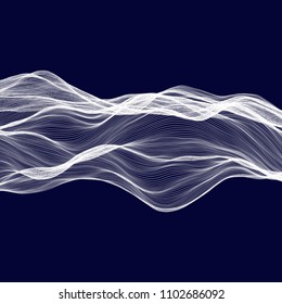 Abstract tecnology wave background. White threads on black or dark blue.