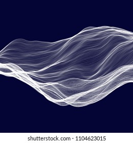 Abstract tecnology wave background. White threads on black or dark blue.