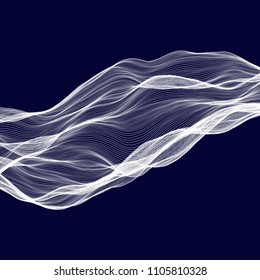 Abstract tecnology wave background. White threads on black or dark blue.