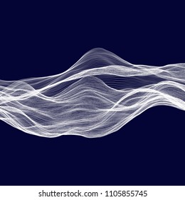 Abstract tecnology wave background. White threads on black or dark blue.